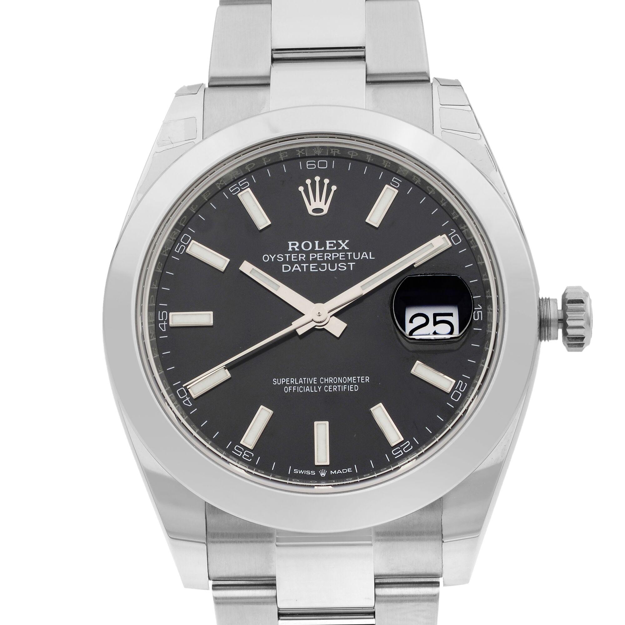 This brand new Rolex Datejust 41 126300  is a beautiful men's timepiece that is powered by mechanical (automatic) movement which is cased in a stainless steel case. It has a round shape face, date indicator dial and has hand sticks style markers. It