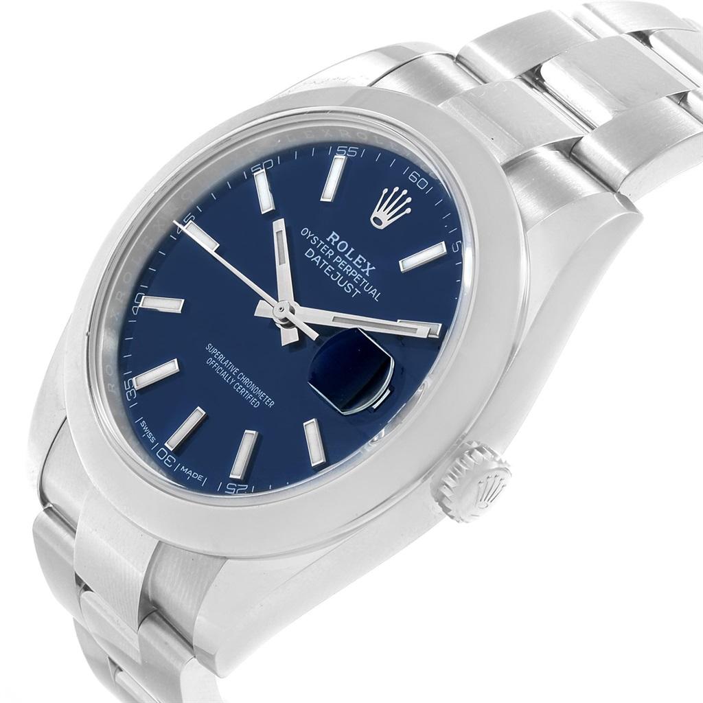 Rolex Datejust 41 Blue Baton Dial Stainless Steel Mens Watch 126300. Officially certified chronometer automatic self-winding movement with quickset date. Stainless steel case 41 mm in diameter. Rolex logo on a crown. Stainless steel smooth domed