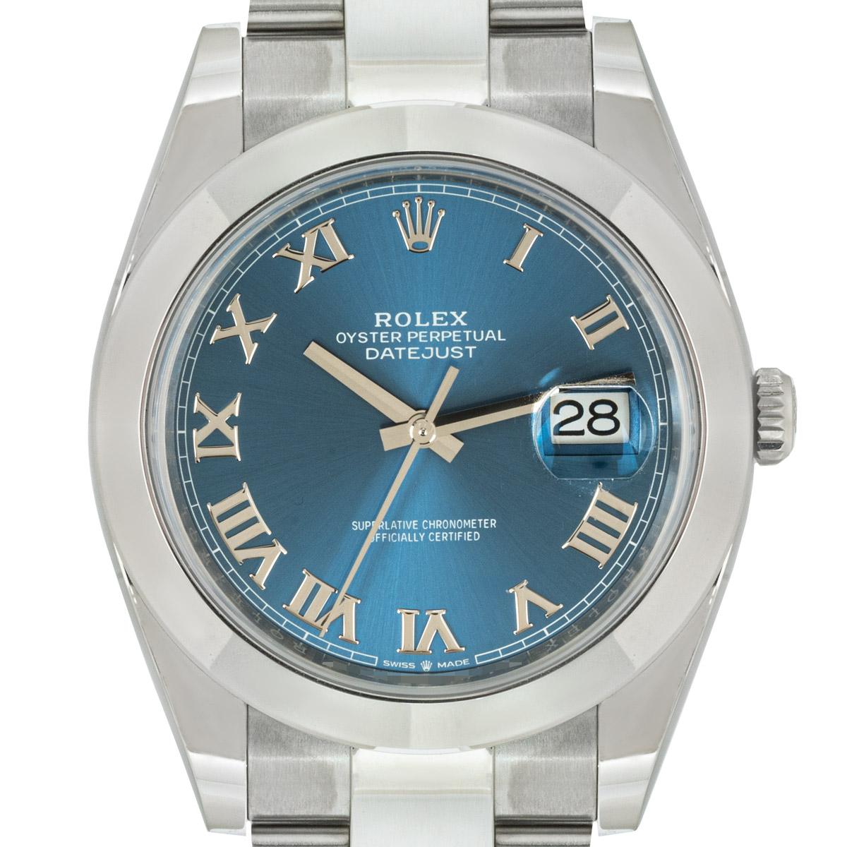 A men's Datejust crafted in Oystersteel by Rolex. Featuring a stunning blue dial with applied roman numerals and a fixed stainless steel bezel. Fitted with a scratch-resistant sapphire crystal and powered by a self-winding automatic movement. The