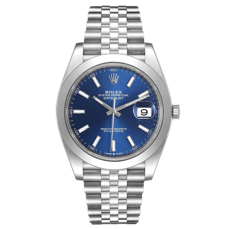 Rolex Datejust 41 Blue Dial Jubilee Bracelet Steel Mens Watch 126300 Box Card. Officially certified chronometer automatic self-winding movement. Stainless steel case 41 mm in diameter. Rolex logo on a crown. Stainless steel smooth domed bezel.