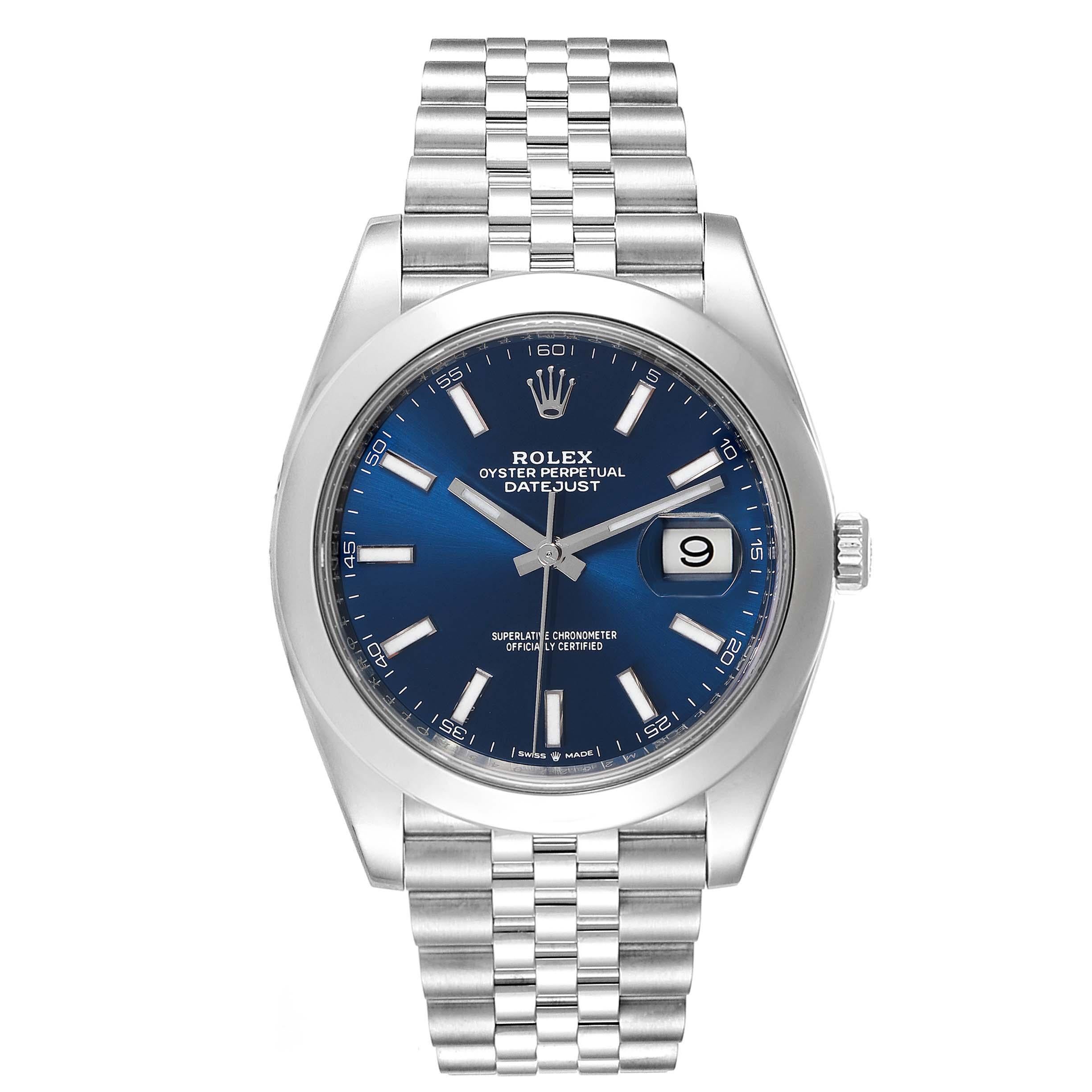 Rolex Datejust 41 Blue Dial Jubilee Bracelet Steel Mens Watch 126300. Officially certified chronometer automatic self-winding movement. Stainless steel case 41 mm in diameter. Rolex logo on a crown. Stainless steel smooth domed bezel. Scratch