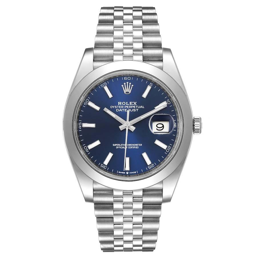 Rolex Datejust 41 Blue Dial Jubilee Bracelet Steel Mens Watch 126300 Unworn. Officially certified chronometer automatic self-winding movement. Stainless steel case 41 mm in diameter. Rolex logo on a crown. Stainless steel smooth domed bezel. Scratch
