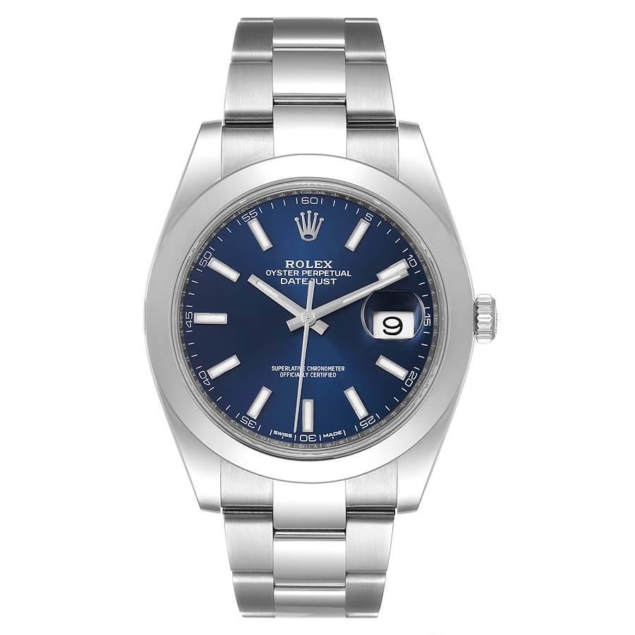 Rolex Datejust 41 Blue Dial Oyster Bracelet Steel Watch 126300 Box Card. Officially certified chronometer automatic self-winding movement. Stainless steel case 41 mm in diameter. Rolex logo on a crown. Stainless steel smooth domed bezel. Scratch