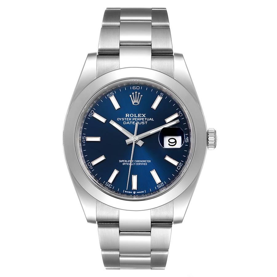 Rolex Datejust 41 Blue Dial Oyster Bracelet Steel Watch 126300 Unworn. Officially certified chronometer automatic self-winding movement. Stainless steel case 41 mm in diameter. Rolex logo on a crown. Stainless steel smooth domed bezel. Scratch