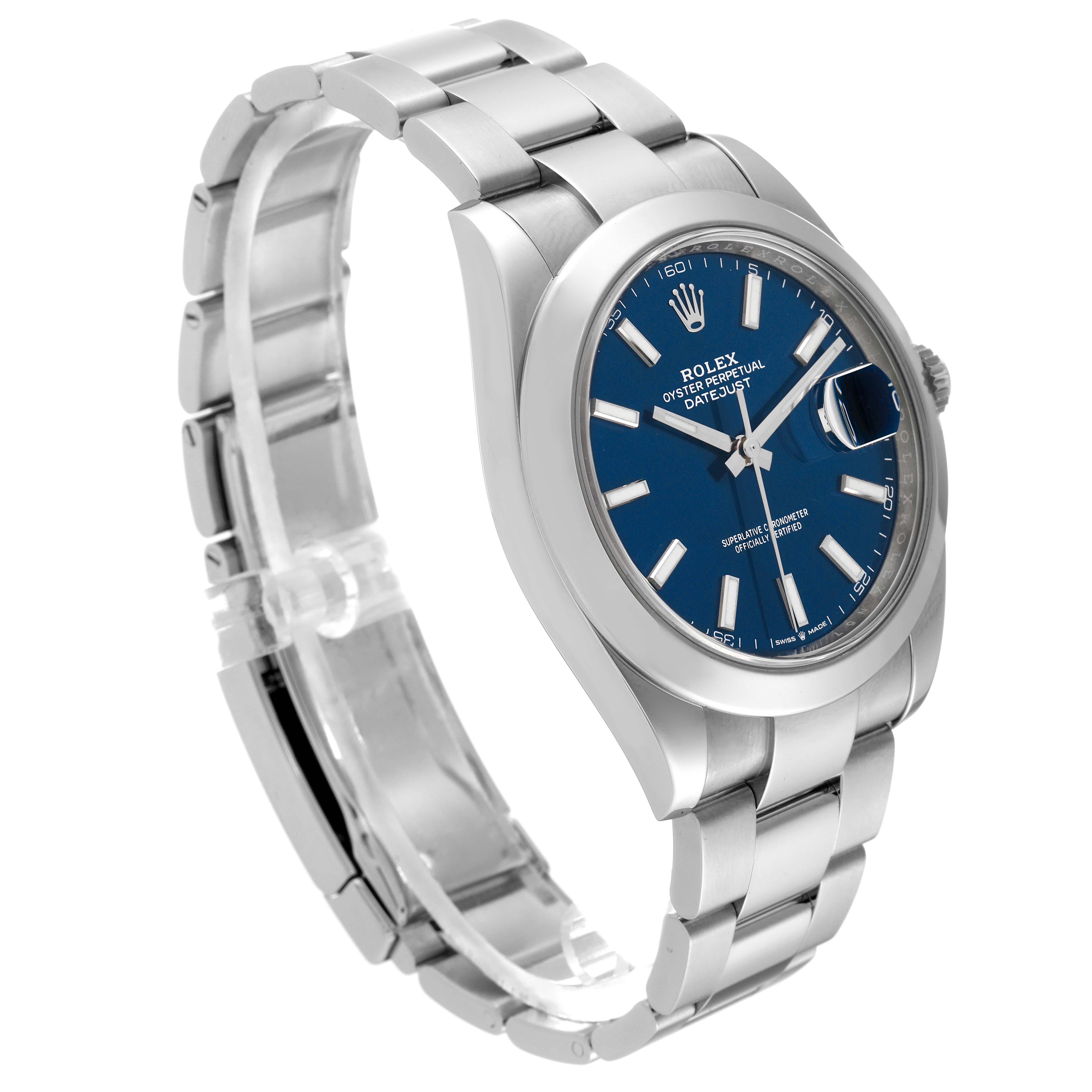 Men's Rolex Datejust 41 Blue Dial Smooth Bezel Steel Mens Watch 126300 Box Card For Sale