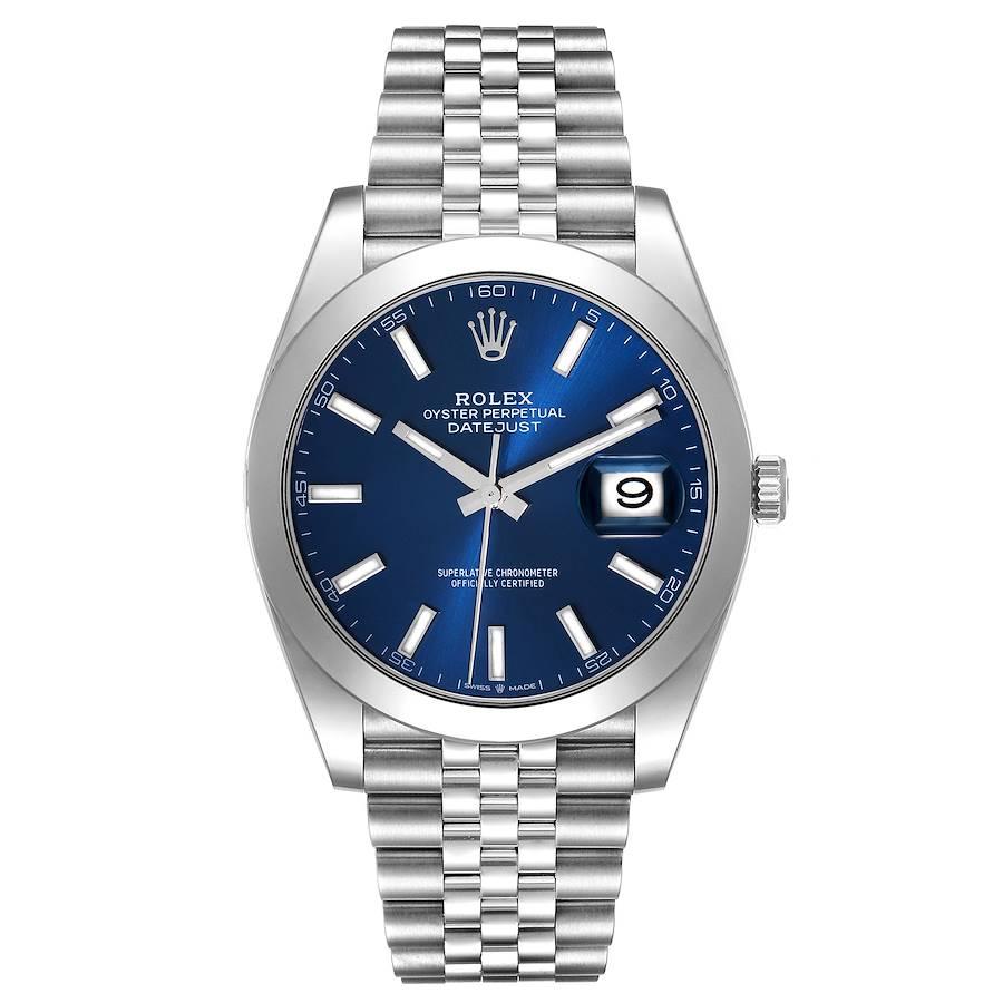 Rolex Datejust 41 Blue Dial Smooth Bezel Steel Mens Watch 126300. Officially certified chronometer automatic self-winding movement. Stainless steel case 41 mm in diameter. Rolex logo on the crown. Stainless steel smooth domed bezel. Scratch