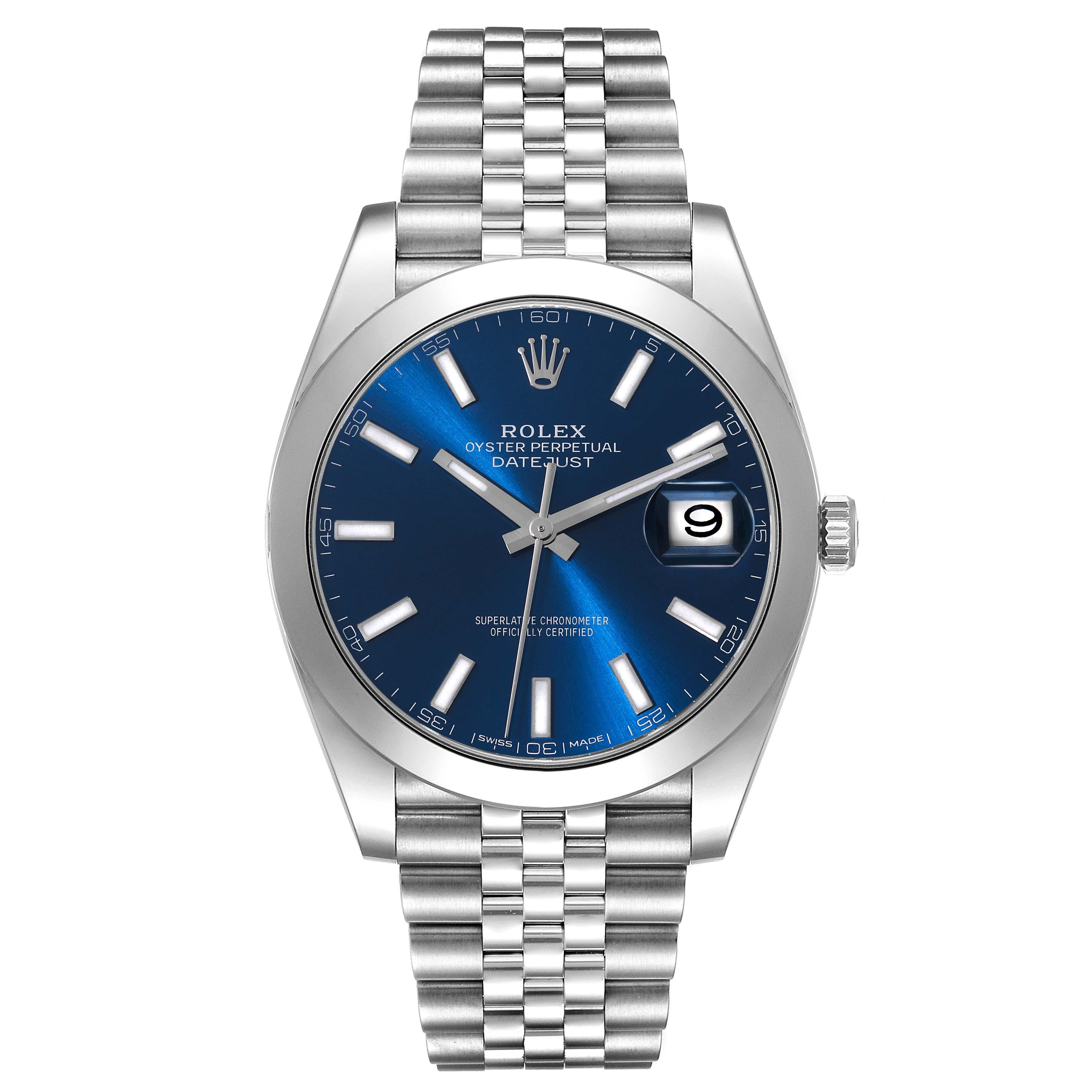 Rolex Datejust 41 Blue Dial Smooth Bezel Steel Mens Watch 126300. Officially certified chronometer automatic self-winding movement. Stainless steel case 41 mm in diameter. Rolex logo on the crown. Stainless steel smooth bezel. Scratch resistant
