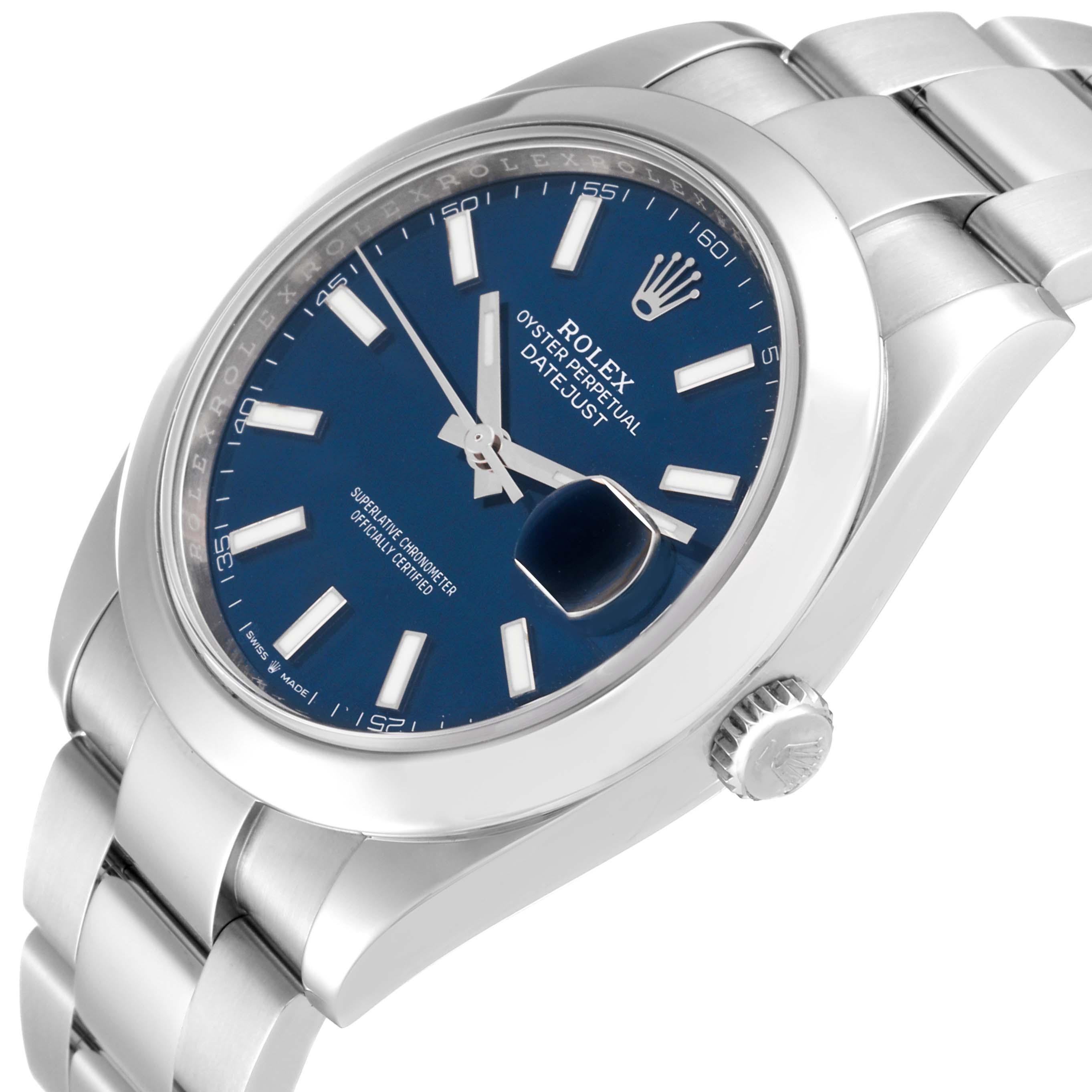 Rolex Datejust 41 Blue Dial Smooth Bezel Steel Mens Watch 126300. Officially certified chronometer automatic self-winding movement. Stainless steel case 41 mm in diameter. Rolex logo on the crown. Stainless steel smooth bezel. Scratch resistant