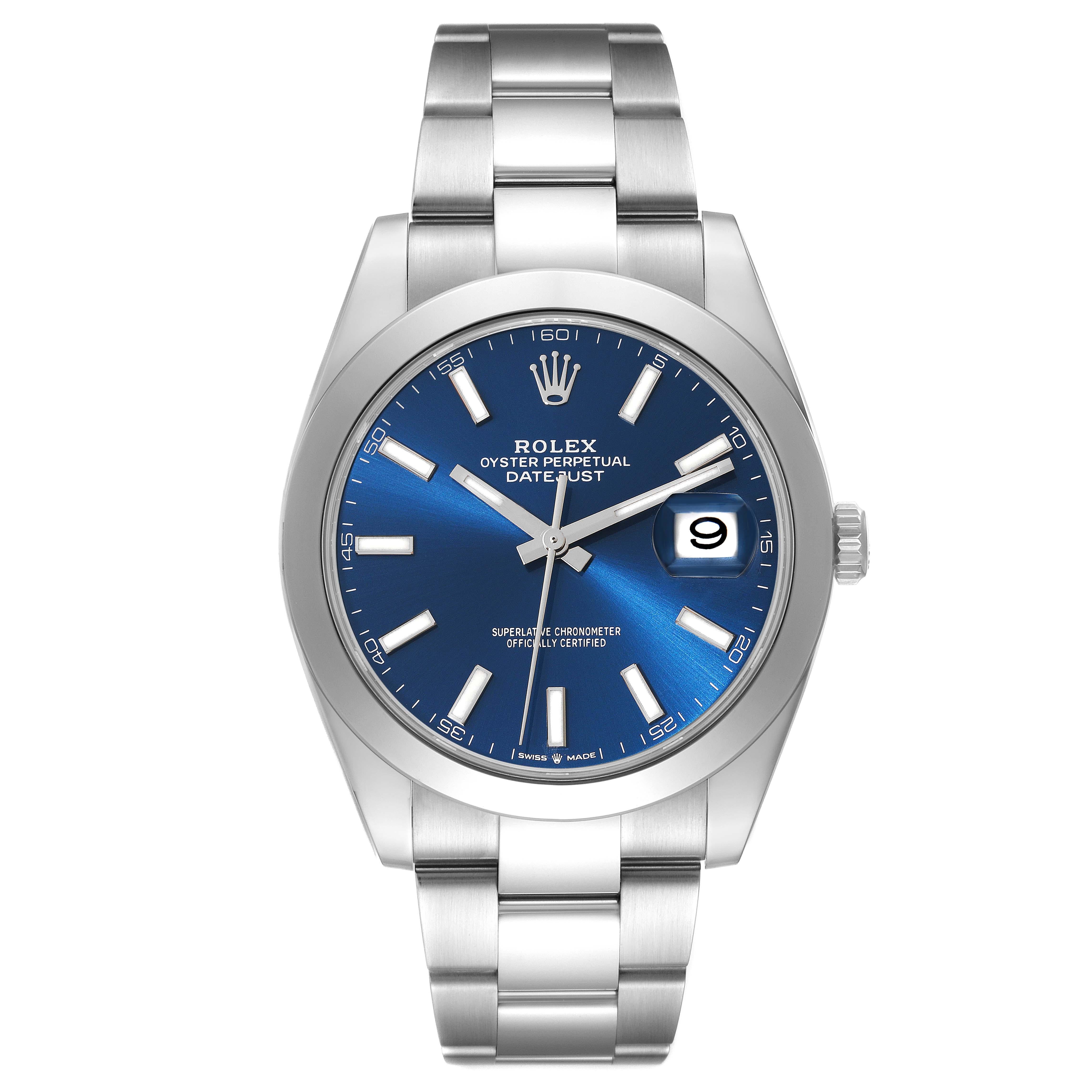Rolex Datejust 41 blaues Zifferblatt glatte Lünette Stahl Herrenuhr 126300 im Angebot 1