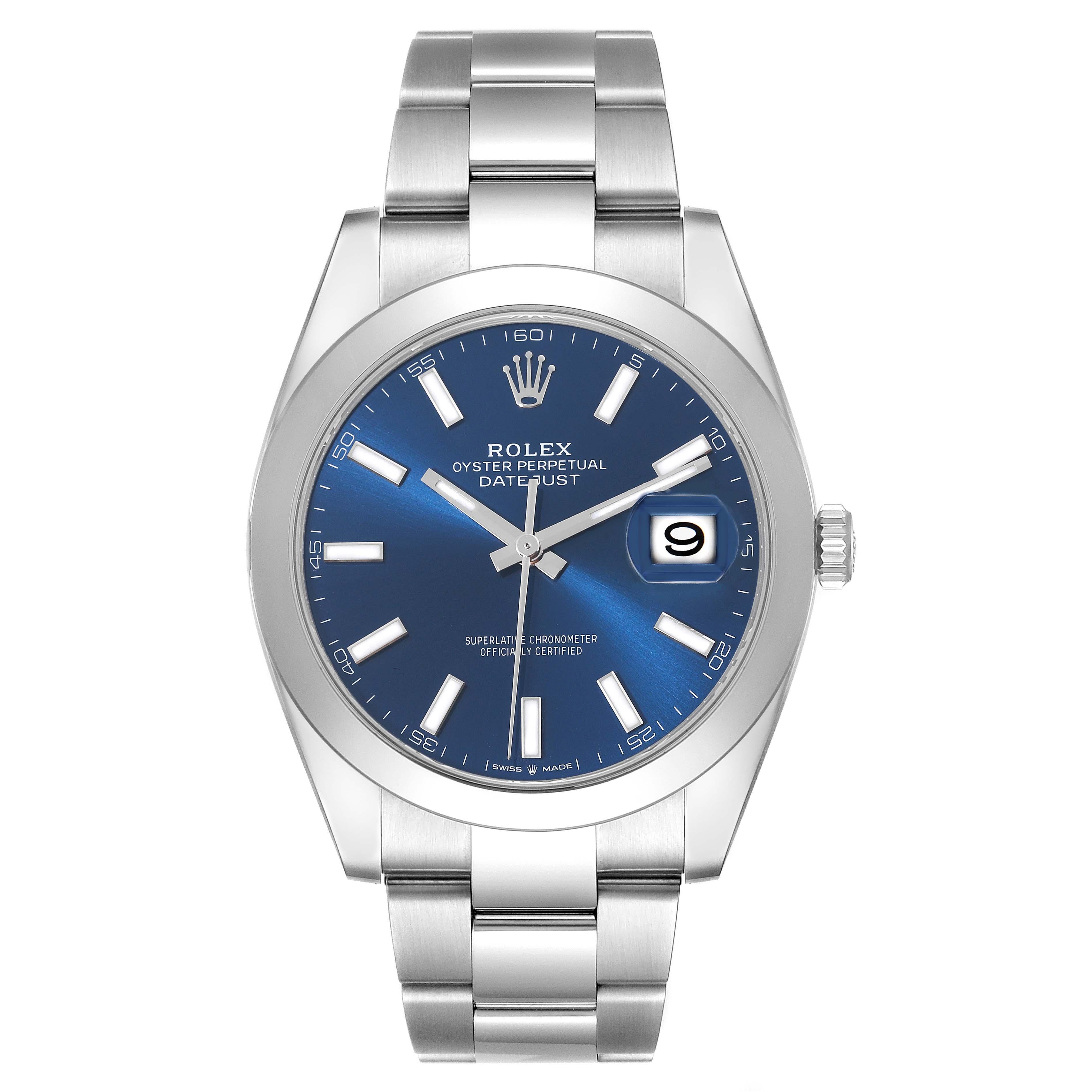 Rolex Datejust 41 Blue Dial Smooth Bezel Steel Mens Watch 126300 For Sale 4