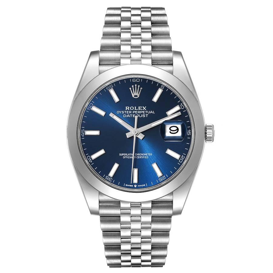 Rolex Datejust 41 Blue Dial Smooth Bezel Steel Mens Watch 126300 Unworn. Officially certified chronometer automatic self-winding movement. Stainless steel case 41 mm in diameter. Rolex logo on the crown. Stainless steel smooth domed bezel. Scratch