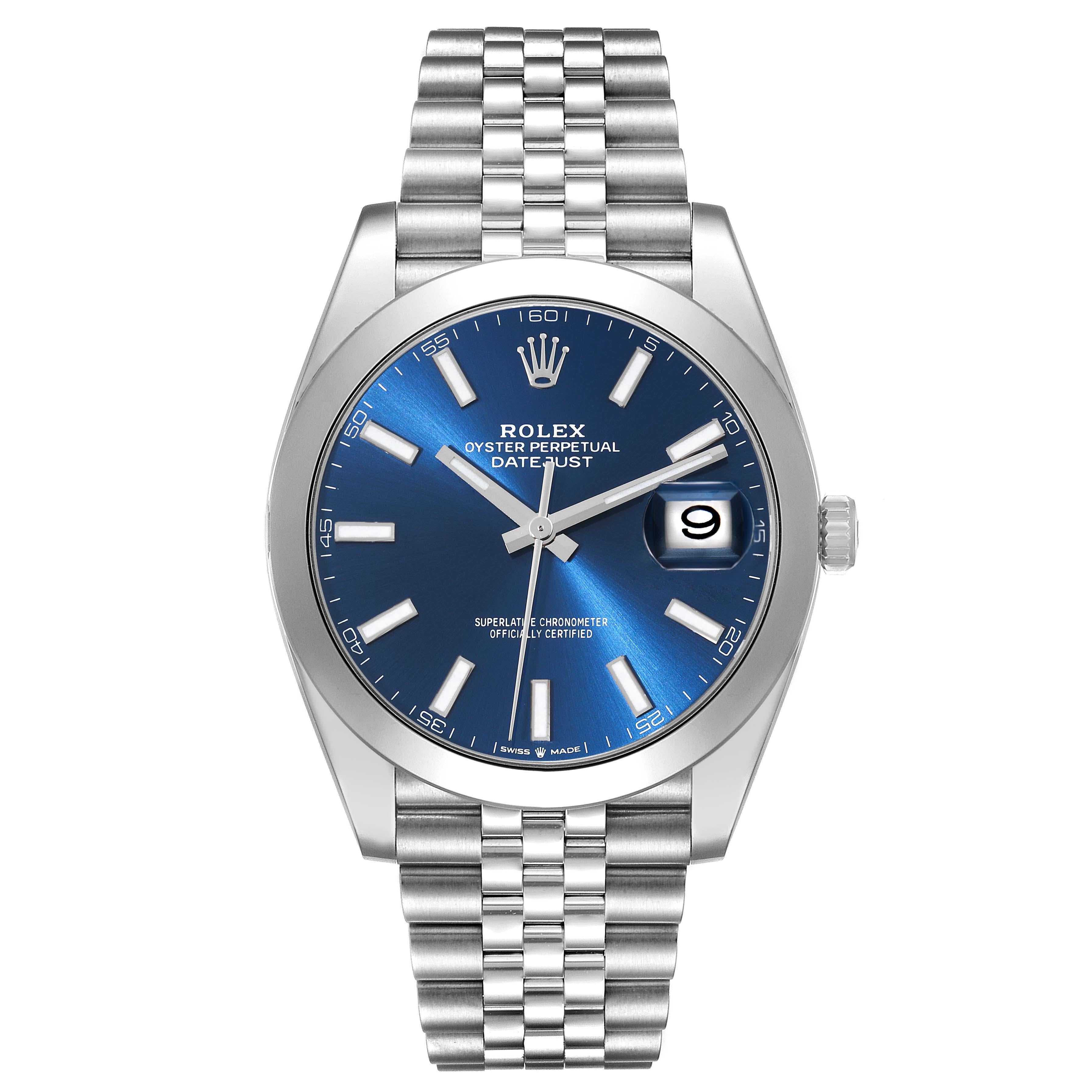 Rolex Datejust 41 Blue Dial Smooth Bezel Steel Mens Watch 126300 Unworn. Officially certified chronometer automatic self-winding movement. Stainless steel case 41 mm in diameter. Rolex logo on the crown. Stainless steel smooth bezel. Scratch