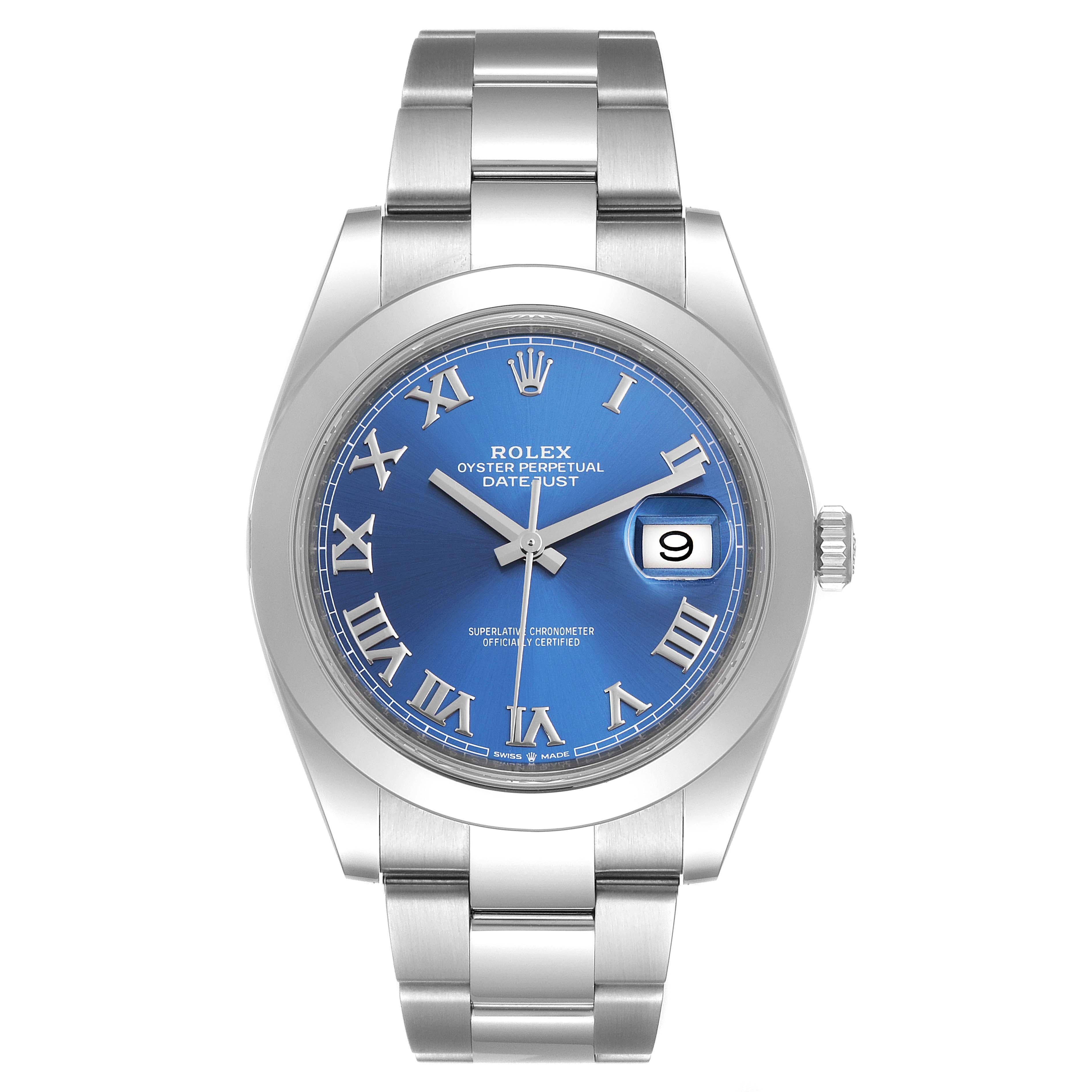 Rolex Datejust 41 Blue Dial Steel Mens Watch 126300 Box Card. Officially certified chronometer automatic self-winding movement. Stainless steel case 41 mm in diameter. Rolex logo on a crown. Stainless steel smooth domed bezel. Scratch resistant