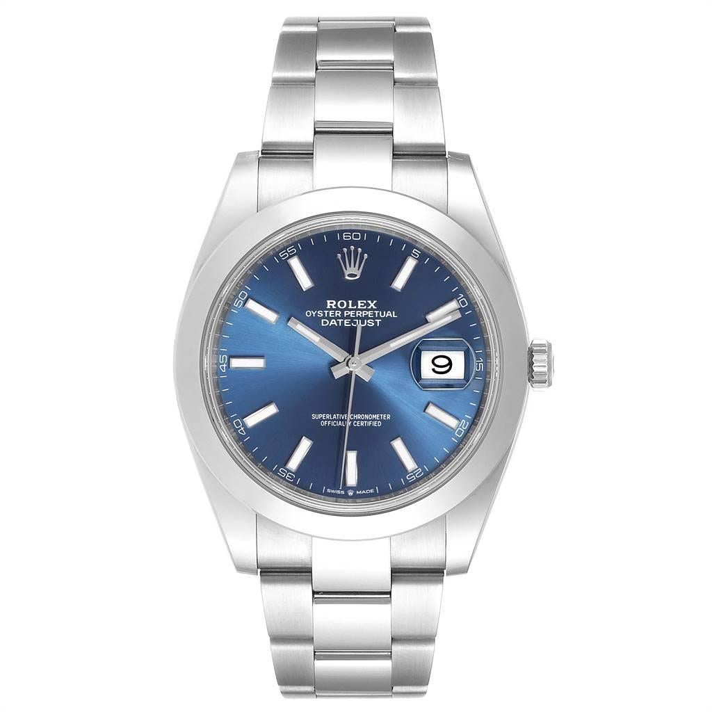 Rolex Datejust 41 Blue Dial Steel Mens Watch 126300 Box Card. Officially certified chronometer automatic self-winding movement with quickset date. Stainless steel case 41 mm in diameter. Rolex logo on a crown. Stainless steel smooth domed bezel.