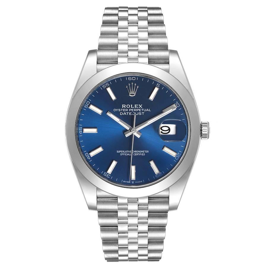 Rolex Datejust 41 Blue Dial Steel Mens Watch 126300 Box Card. Officially certified chronometer automatic self-winding movement. Stainless steel case 41 mm in diameter. Rolex logo on a crown. Stainless steel smooth bezel. Scratch resistant sapphire