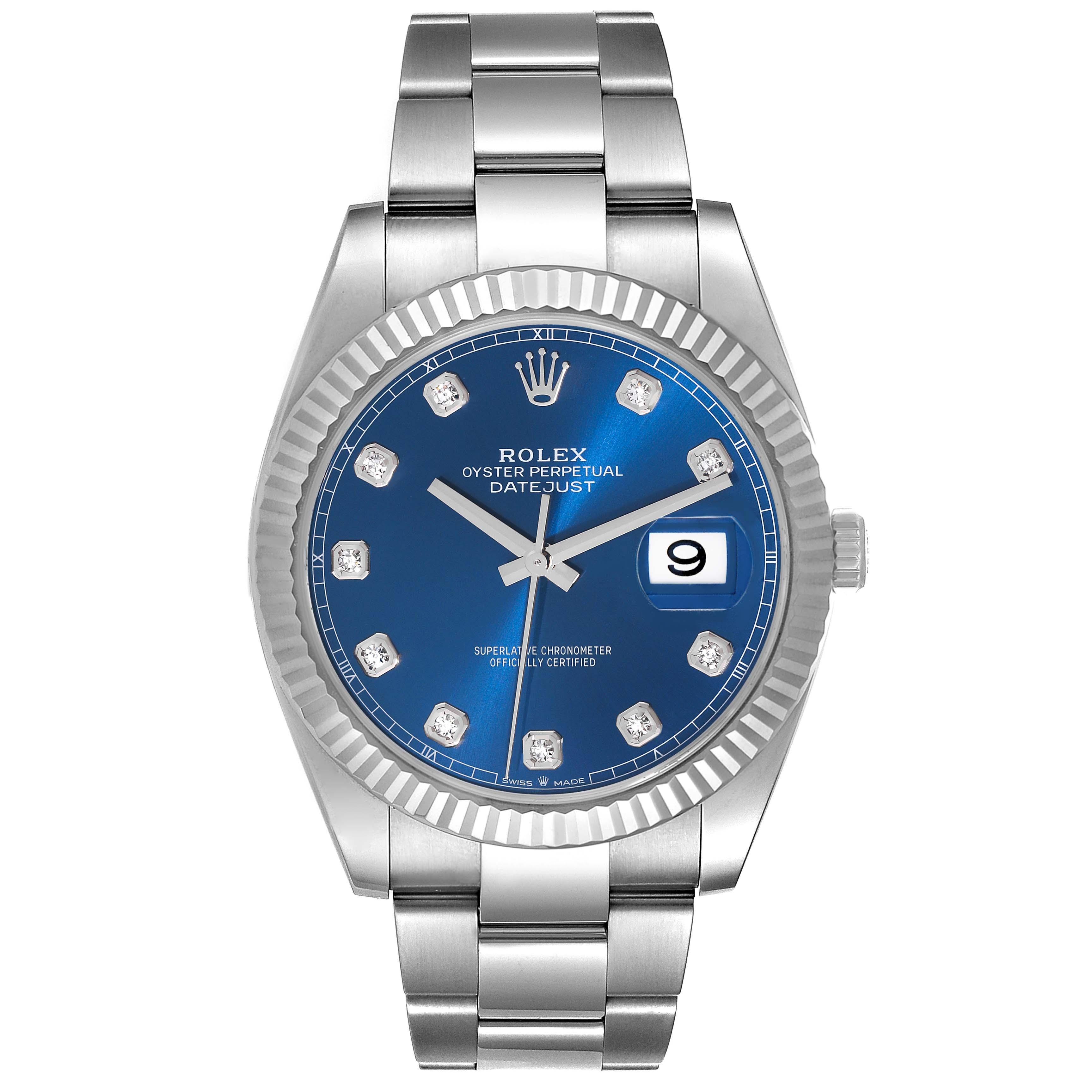 Rolex Datejust 41 Blue Diamond Dial Steel White Gold Mens Watch 126334 Box Card. Officially certified chronometer automatic self-winding movement. Stainless steel case 41 mm in diameter. Rolex logo on a crown. 18K white gold fluted bezel. Scratch