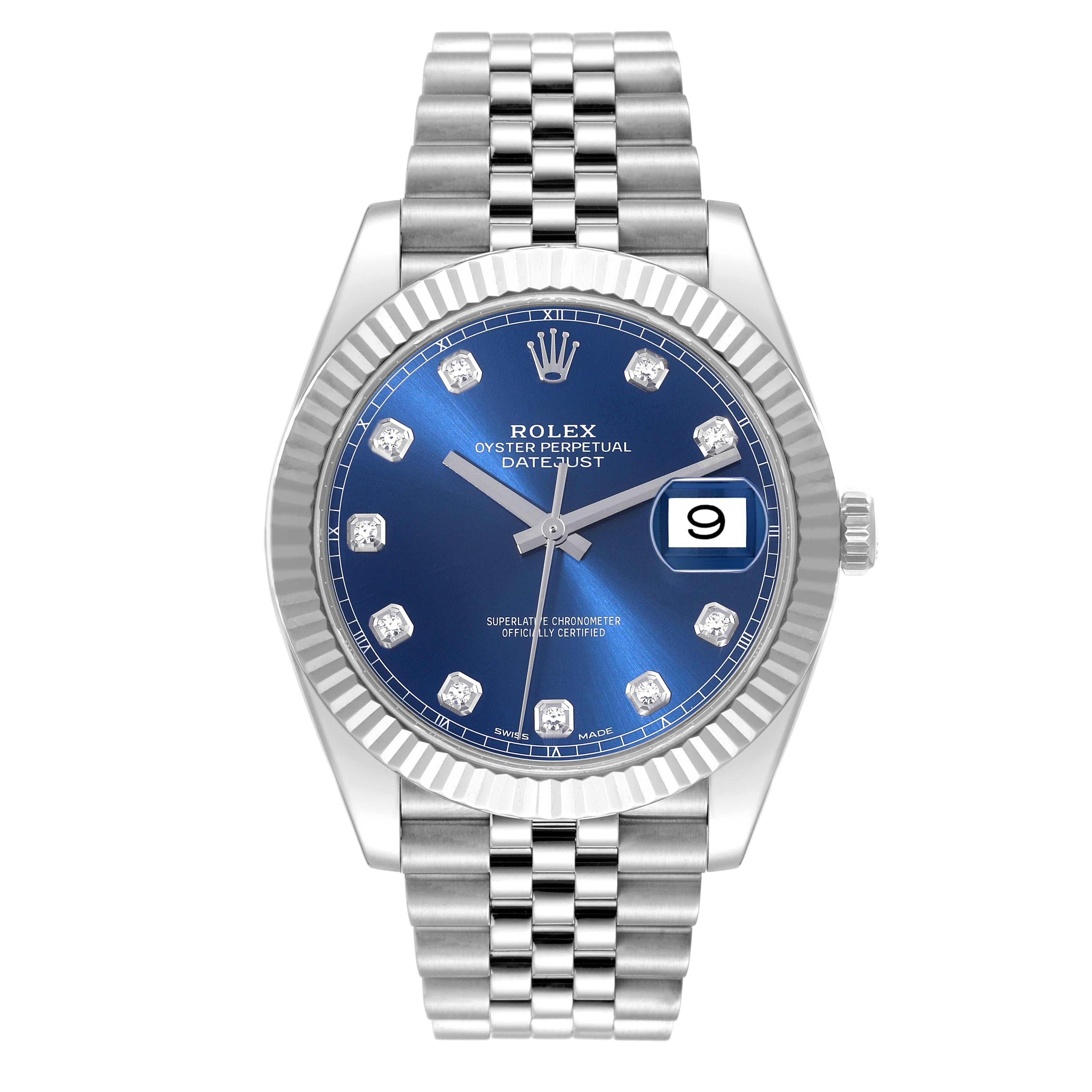 Rolex Datejust 41 Blue Diamond Dial Steel White Gold Mens Watch 126334 Box Card. Officially certified chronometer automatic self-winding movement. Stainless steel case 41 mm in diameter. Rolex logo on a crown. 18k white gold fluted bezel. Scratch