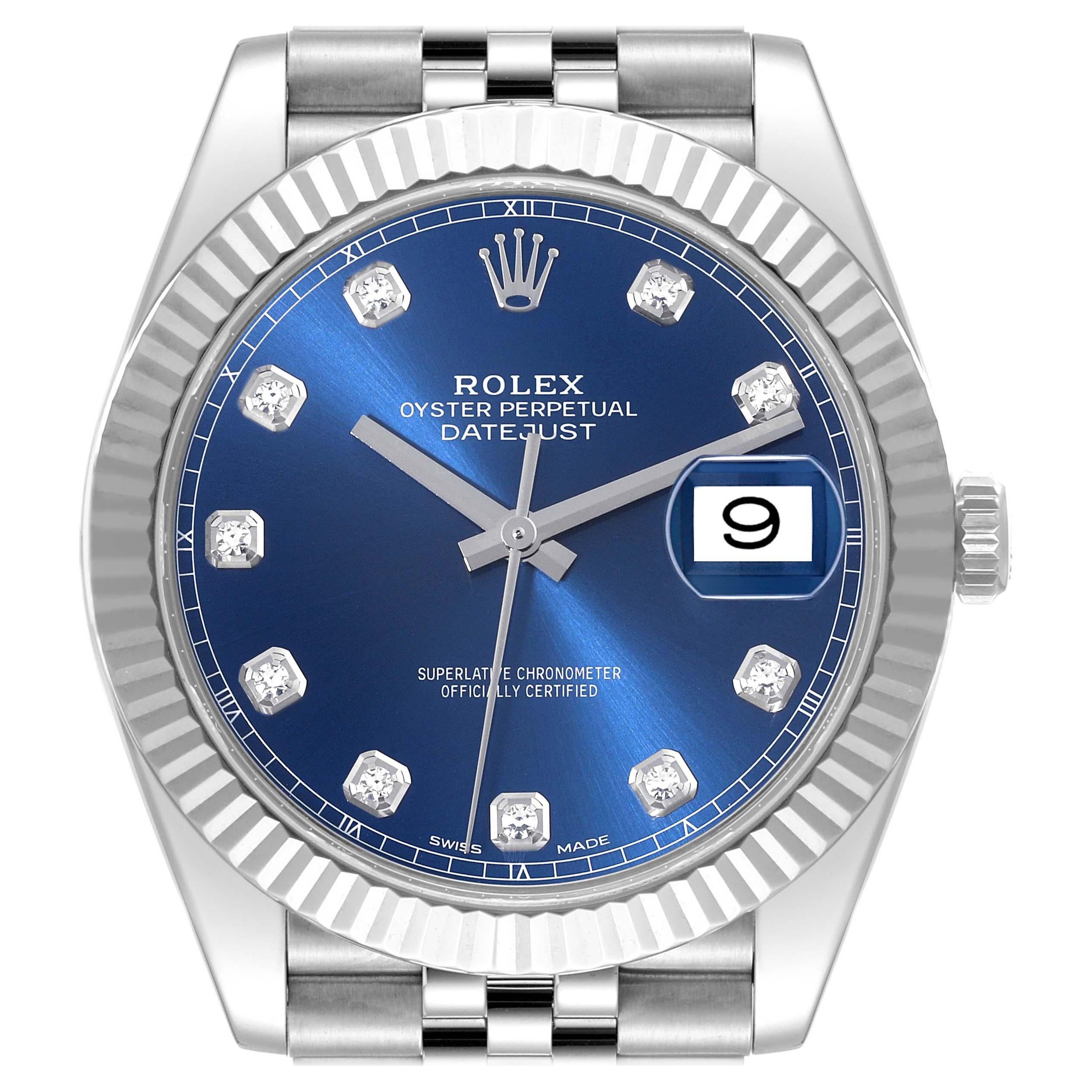 Rolex Datejust 41 Blue Diamond Dial Steel White Gold Mens Watch 126334 Box Card