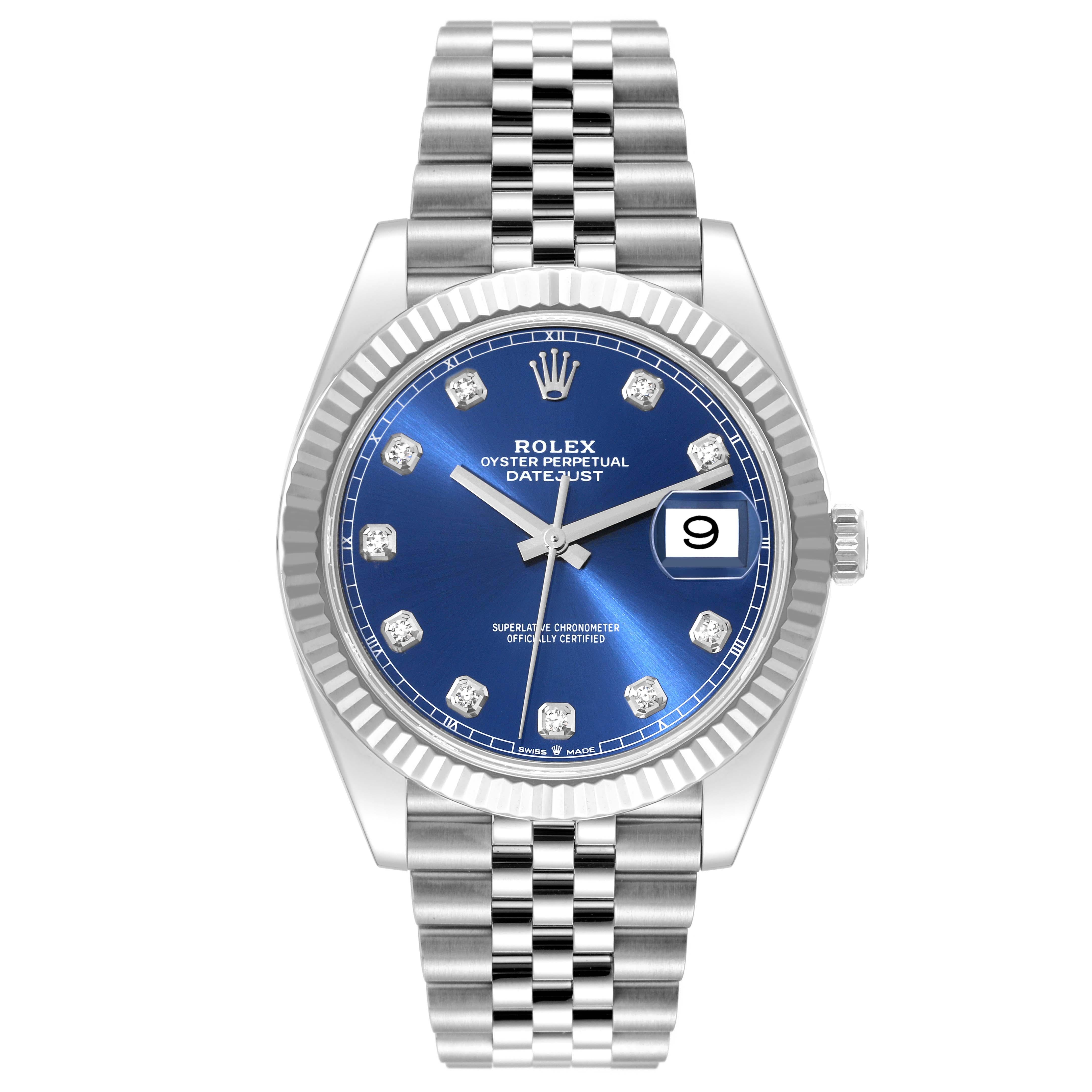 Rolex Datejust 41 Blue Diamond Dial Steel White Gold Mens Watch 126334. Officially certified chronometer automatic self-winding movement. Stainless steel case 41 mm in diameter. Rolex logo on a crown. 18K white gold fluted bezel. Scratch resistant