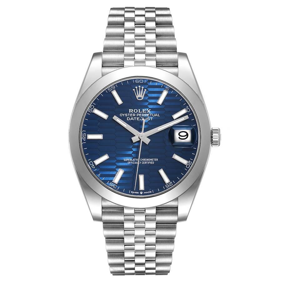 Rolex Datejust 41 Blue Fluted Dial Smooth Bezel Steel Mens Watch 126300 Unworn. Officially certified chronometer automatic self-winding movement. Stainless steel case 41 mm in diameter. Rolex logo on the crown. Stainless steel smooth domed bezel.