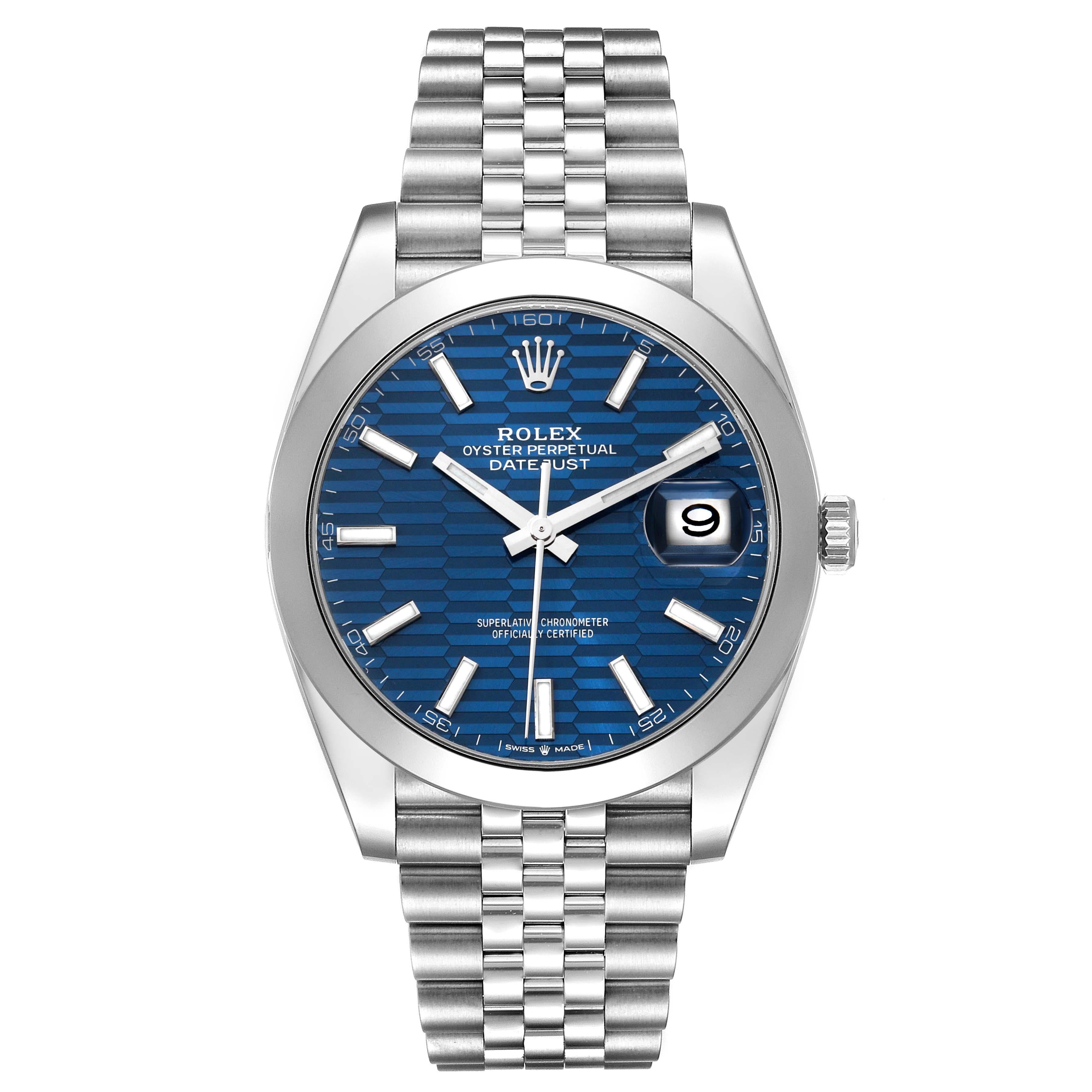 Rolex Datejust 41 Blue Fluted Dial Steel Mens Watch 126300 Box Card. Officially certified chronometer automatic self-winding movement. Stainless steel case 41 mm in diameter. Rolex logo on the crown. Stainless steel smooth bezel. Scratch resistant