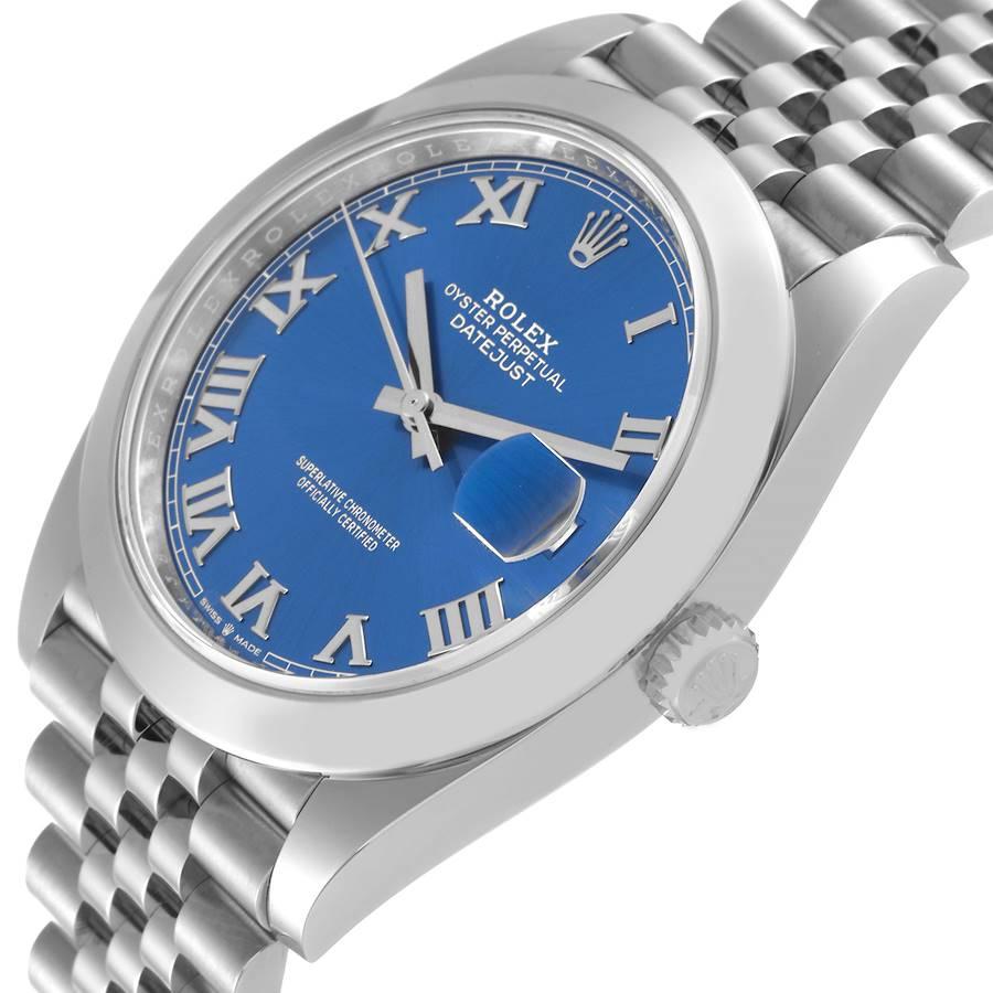 Men's Rolex Datejust 41 Blue Roman Dial Smooth Bezel Steel Mens Watch 126300 Box Card For Sale