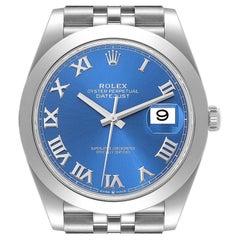 Rolex Montre Datejust 41 bleue à cadran romain et lunette lisse en acier pour hommes 126300 Boîte Card