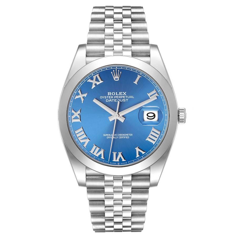 Rolex Datejust 41 Blue Roman Dial Smooth Bezel Steel Mens Watch 126300 Unworn. Officially certified chronometer automatic self-winding movement. Stainless steel case 41 mm in diameter. Rolex logo on the crown. Stainless steel smooth bezel. Scratch
