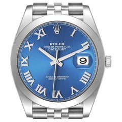 Rolex Datejust 41 Blue Roman Dial Smooth Bezel Steel Mens Watch 126300 Unworn
