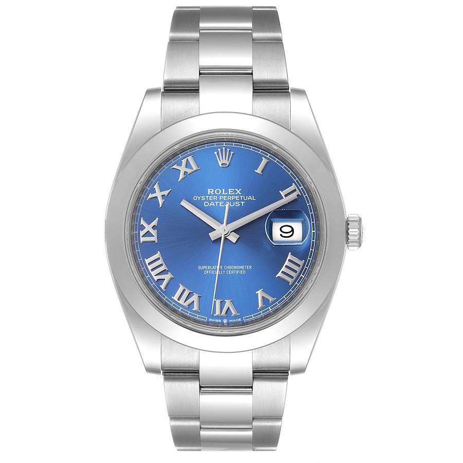 Rolex Datejust 41 Blue Roman Dial Steel Mens Watch 126300 Box Card. Officially certified chronometer automatic self-winding movement. Stainless steel case 41 mm in diameter. Rolex logo on a crown. Stainless steel smooth domed bezel. Scratch