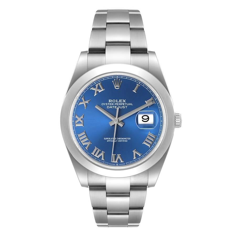 Rolex Datejust 41 Blue Roman Dial Steel Mens Watch 126300 Box Card. Officially certified chronometer automatic self-winding movement. Stainless steel case 41 mm in diameter. Rolex logo on a crown. Stainless steel smooth domed bezel. Scratch