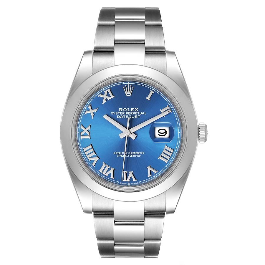 Rolex Datejust 41 Blue Roman Dial Steel Mens Watch 126300 Unworn. Officially certified chronometer automatic self-winding movement. Stainless steel case 41 mm in diameter. Rolex logo on a crown. Stainless steel smooth domed bezel. Scratch resistant