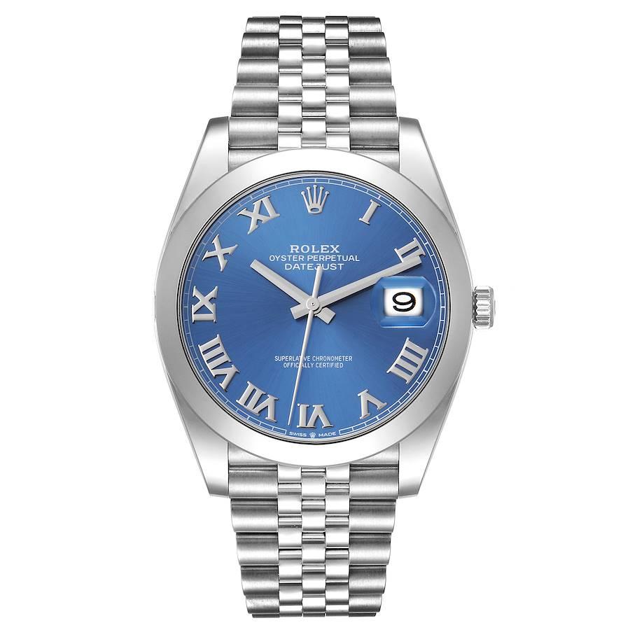 Rolex Datejust 41 Blue Roman Dial Steel Mens Watch 126300 Unworn. Officially certified chronometer automatic self-winding movement. Stainless steel case 41 mm in diameter. Rolex logo on the crown. Stainless steel smooth bezel. Scratch resistant