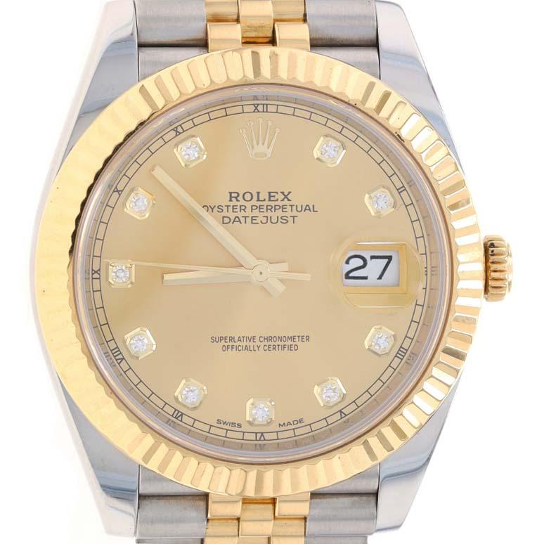 Brand: Rolex
Model: Datejust 41
Model Number: 126333
Movement: Automatic
Warranty: One Year
Year: 2016
Movement Maker: Swiss
Dial Color: Factory Champagne 10 Diamond

Metal Content: Stainless Steel & 18k Yellow Gold

Stone Information
Natural