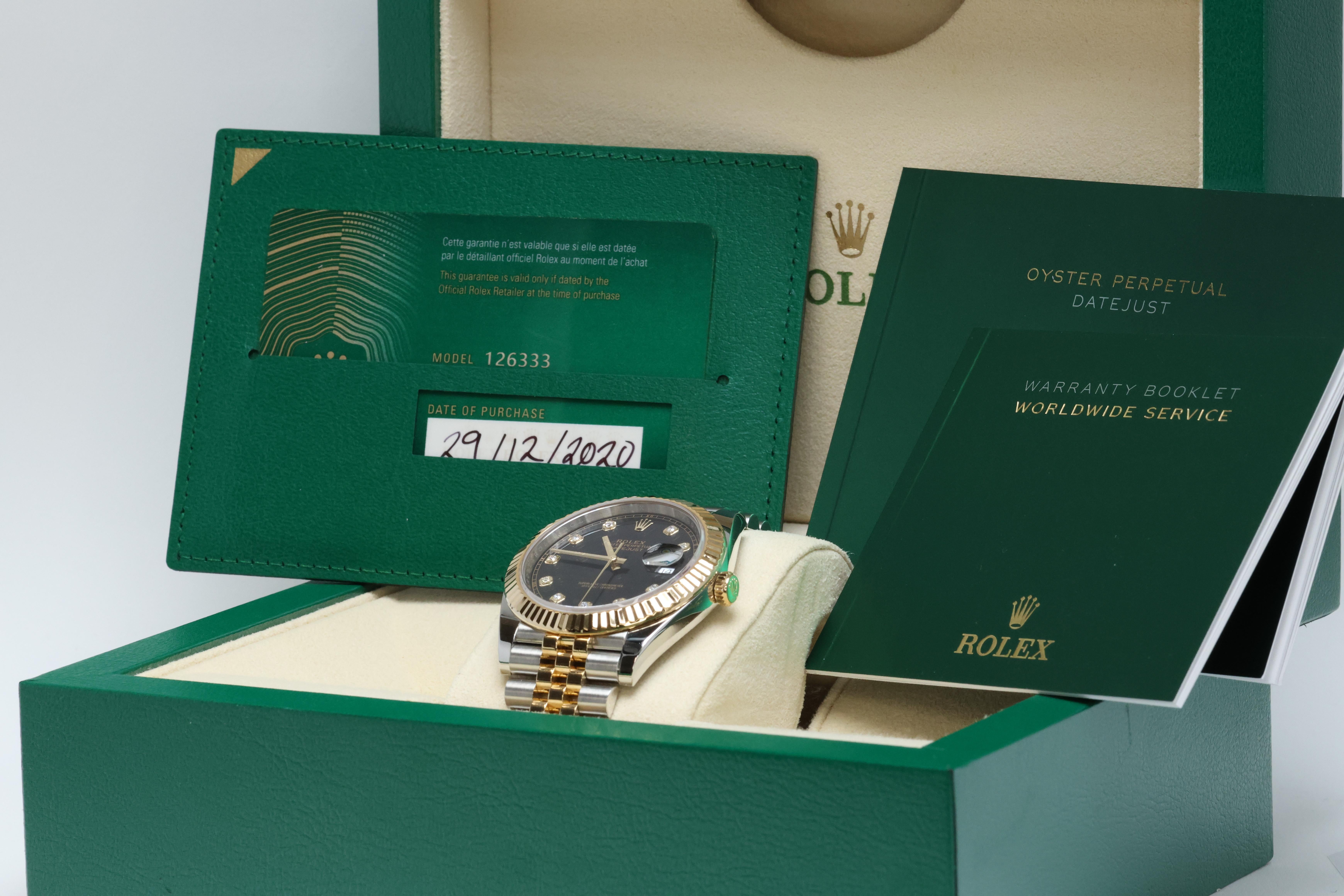 Rolex Datejust 41 - Factory Diamond Dial Two Tone Jubilee (126333) Box & Papers

This stunning Rolex Datejust 41mm (Model 126333) is a timeless masterpiece that combines precision engineering with luxurious design. Finished in an eye catching
