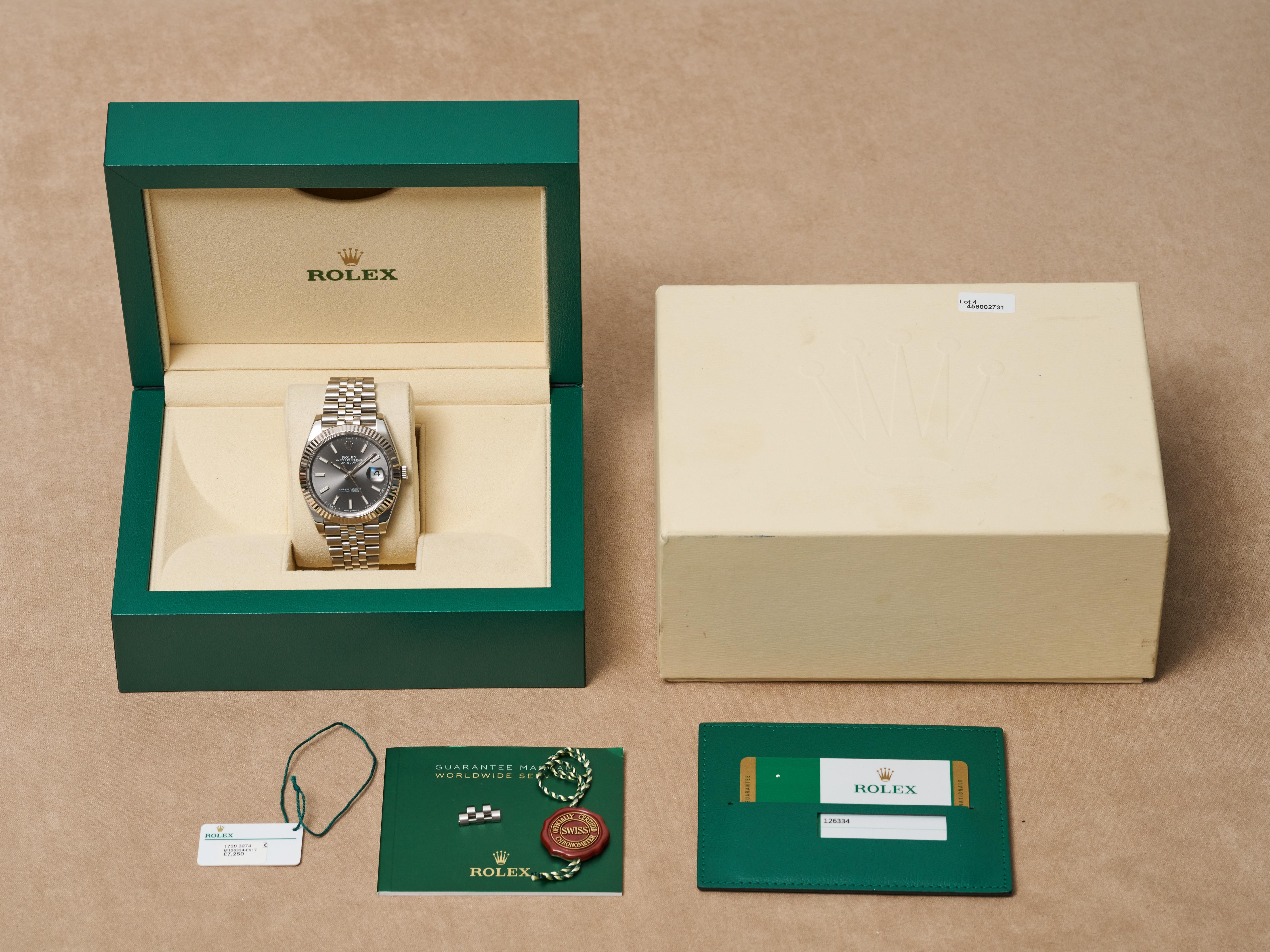 Rolex Datejust 41 Grey Baton Dial Fluted Bezel Jubilee Bracelet 126334 Full Set For Sale 12
