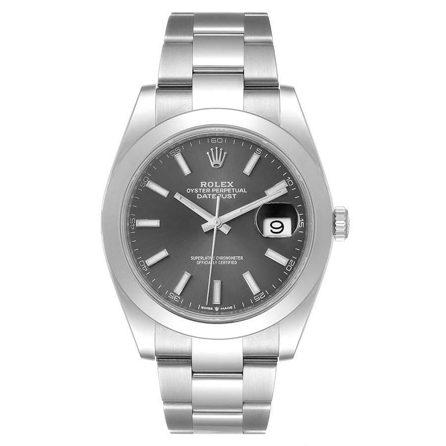 Rolex Datejust 41 Grey Dial Domed Bezel Steel Mens Watch 126300 Box Card. Officially certified chronometer automatic self-winding movement. Stainless steel case 41 mm in diameter. Rolex logo on a crown. Stainless steel smooth domed bezel. Scratch