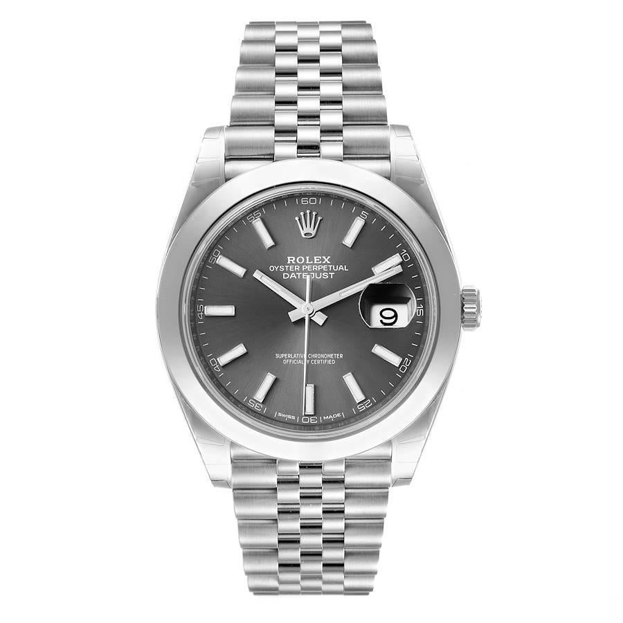 Rolex Datejust 41 Grey Dial Domed Bezel Steel Mens Watch 126300 Unworn. Officially certified chronometer automatic self-winding movement. Stainless steel case 41 mm in diameter. Rolex logo on a crown. Stainless steel smooth domed bezel. Scratch
