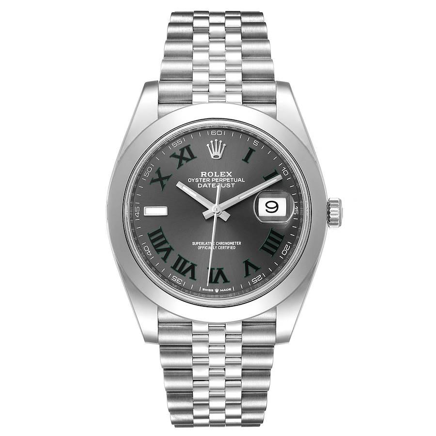 Rolex Datejust 41 Grey Dial Green Numerals Steel Mens Watch 126300 Box Card. Officially certified chronometer automatic self-winding movement with quickset date. Stainless steel case 41 mm in diameter. Rolex logo on a crown. Stainless steel smooth
