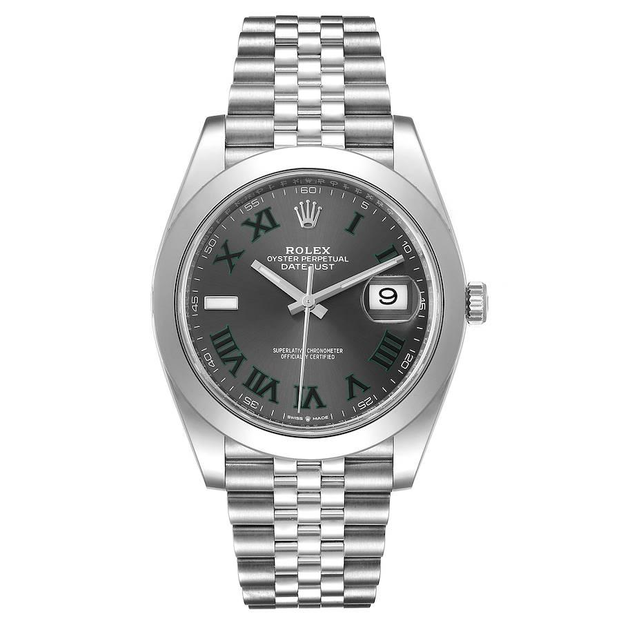 Rolex Datejust 41 Grey Dial Green Numerals Steel Mens Watch 126300 Unworn. Officially certified chronometer automatic self-winding movement with quickset date. Stainless steel case 41 mm in diameter. Rolex logo on a crown. Stainless steel smooth