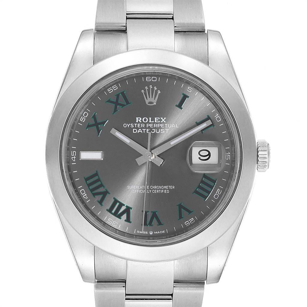 Rolex Datejust 41 Grey Dial Green Roman Numerals Steel Mens Watch 126300. Officially certified chronometer automatic self-winding movement with quickset date. Stainless steel case 41 mm in diameter. Rolex logo on a crown. Stainless steel smooth