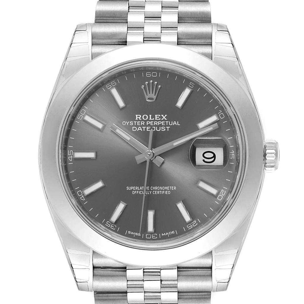 Rolex Datejust 41 Grey Dial Jubilee Bracelet Mens Watch 126300 Unworn. Officially certified chronometer automatic self-winding movement. Stainless steel case 41 mm in diameter. Rolex logo on a crown. Stainless steel smooth domed bezel. Scratch