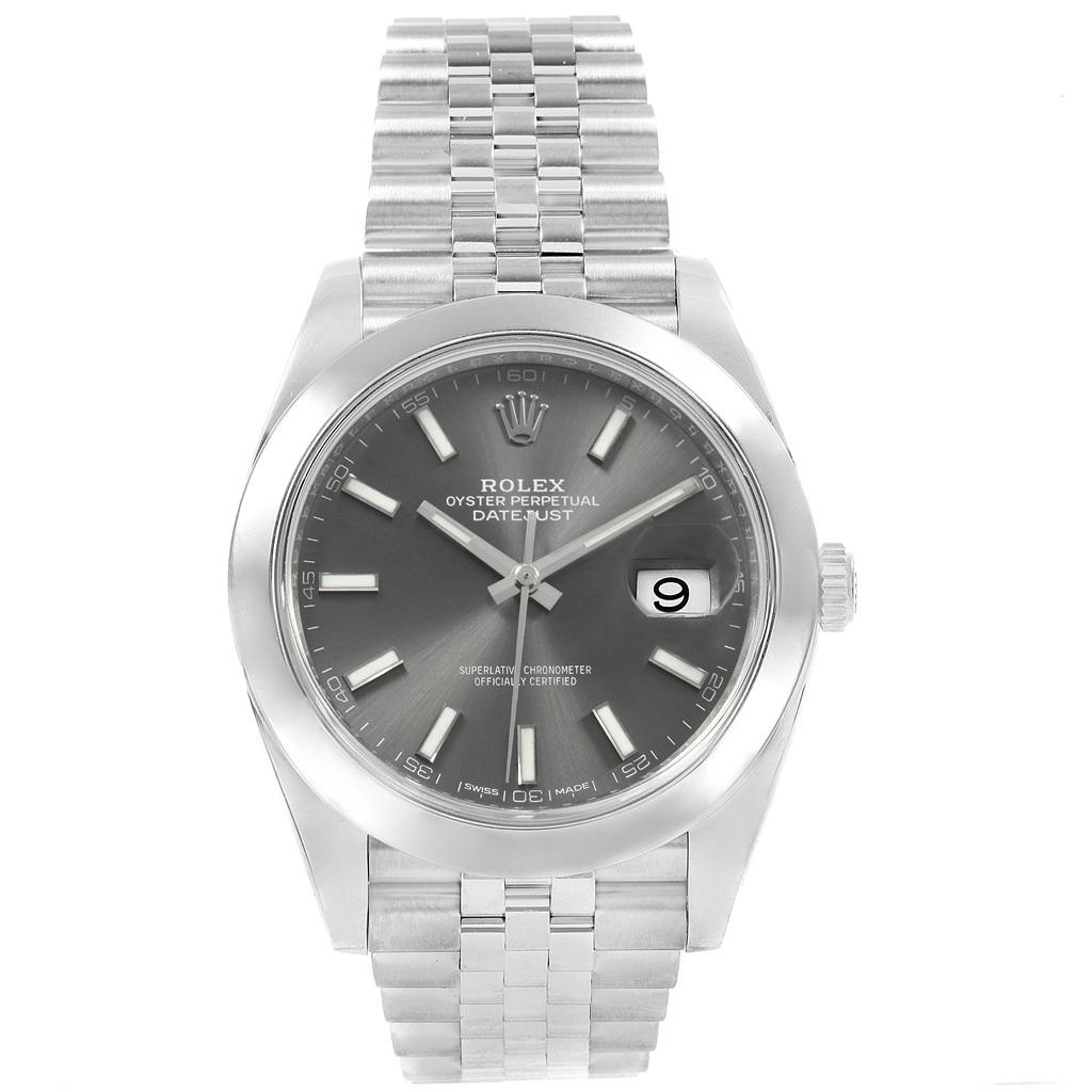 Rolex Datejust 41 Grey Dial Jubilee Bracelet Steel Mens Watch 126300. Officially certified chronometer automatic self-winding movement with quickset date. Stainless steel case 41 mm in diameter. Rolex logo on a crown. Stainless steel smooth domed