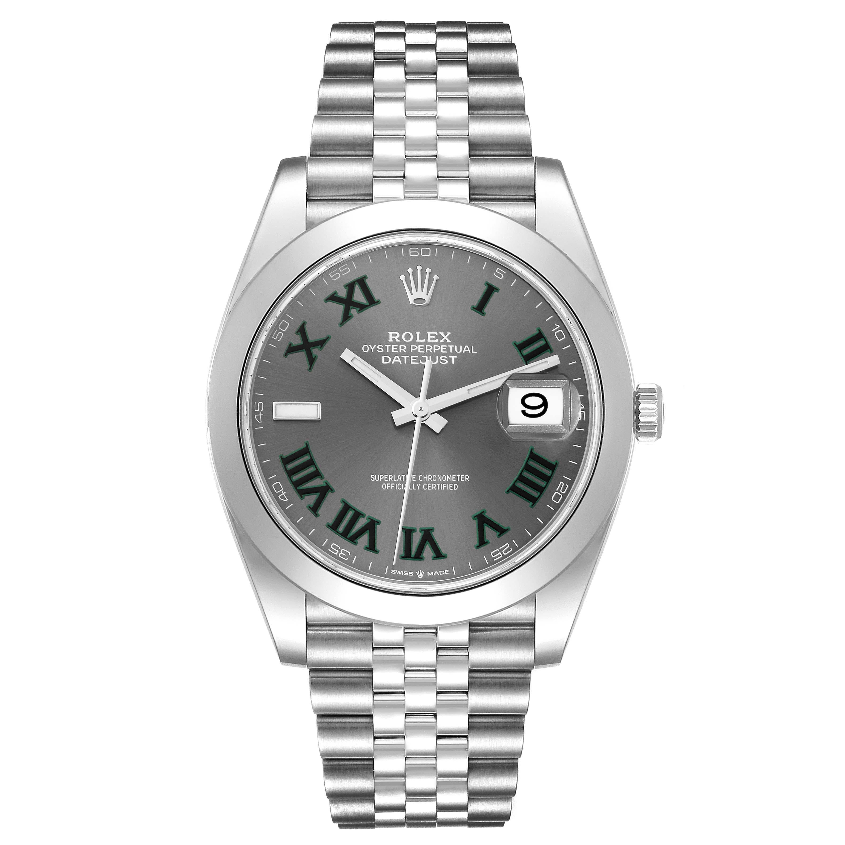 Rolex Datejust 41 Grey Green Wimbledon Dial Steel Mens Watch 126300 Box Card. Officially certified chronometer automatic self-winding movement with quickset date. Stainless steel case 41 mm in diameter. Rolex logo on a crown. Stainless steel smooth