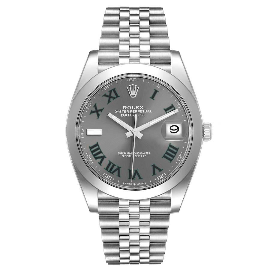Rolex Datejust 41 Grey Green Wimbledon Dial Steel Mens Watch 126300 Unworn. Officially certified chronometer automatic self-winding movement with quickset date. Stainless steel case 41 mm in diameter. Rolex logo on a crown. Stainless steel smooth