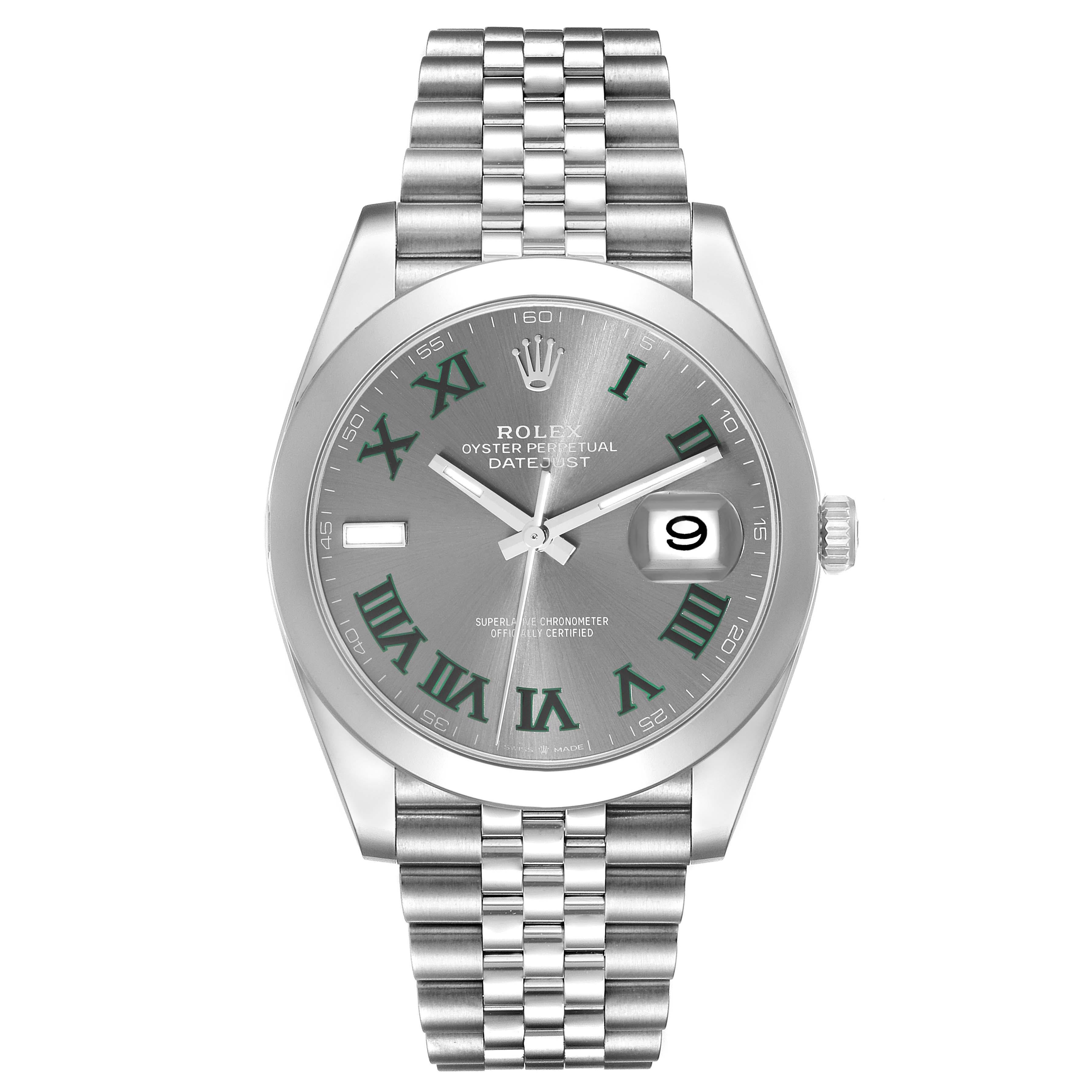 Rolex Datejust 41 Grey Green Wimbledon Dial Steel Mens Watch 126300 Unworn. Officially certified chronometer automatic self-winding movement with quickset date. Stainless steel case 41 mm in diameter. Rolex logo on a crown. Stainless steel smooth