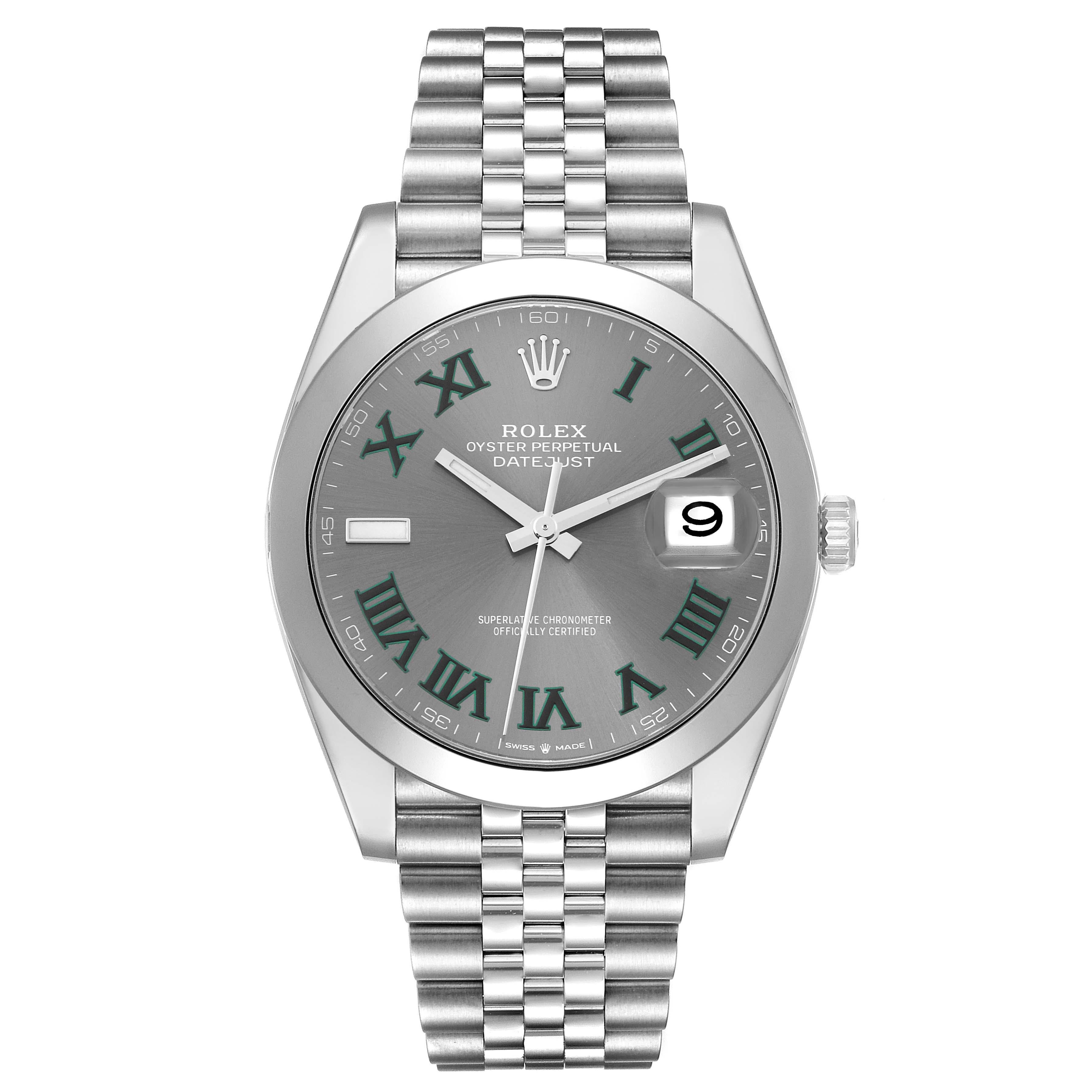 Rolex Datejust 41 Grey Green Wimbledon Dial Steel Mens Watch 126300 Unworn. Officially certified chronometer automatic self-winding movement with quickset date. Stainless steel case 41 mm in diameter. Rolex logo on a crown. Stainless steel smooth