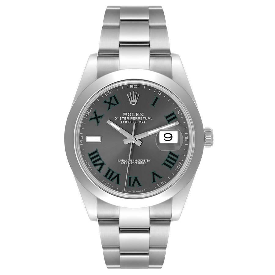 Rolex Datejust 41 Grey Wimbledon Dial Steel Mens Watch 126300 Box Card. Officially certified chronometer automatic self-winding movement with quickset date. Stainless steel case 41 mm in diameter. Rolex logo on a crown. Stainless steel smooth domed