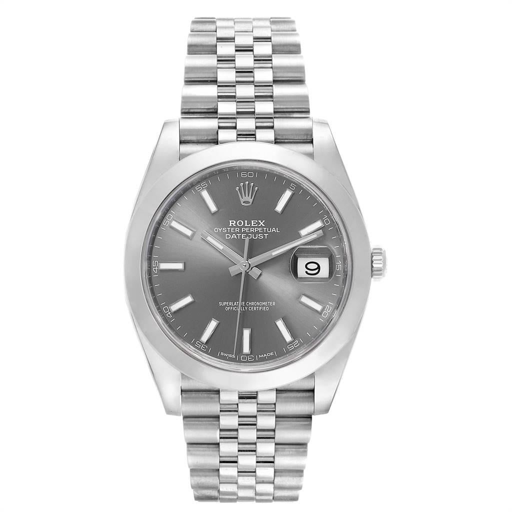 Rolex Datejust 41 Jubilee Bracelet Steel Mens Watch 126300 Box Card. Officially certified chronometer automatic self-winding movement. Stainless steel case 41 mm in diameter. Rolex logo on a crown. Stainless steel smooth domed bezel. Scratch