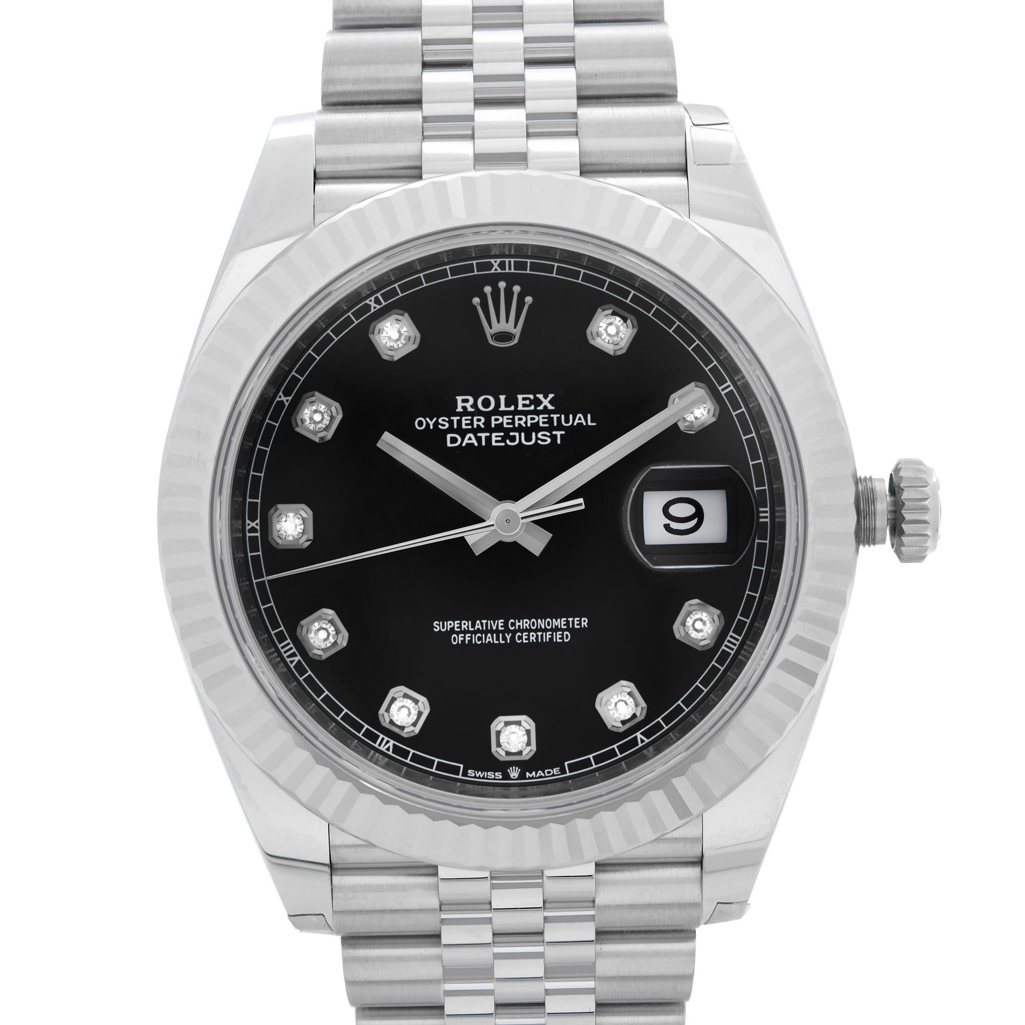 Brand New Fully stickers 2020  New Style card. Model Rolex Datejust 41 Jubilee Steel Black Diamond Dial Automatic Men's Watch 126334. The timepiece is Fully Stickered and Comes with a 2020 Card. It is Powered by Mechanical (Automatic) Movement And